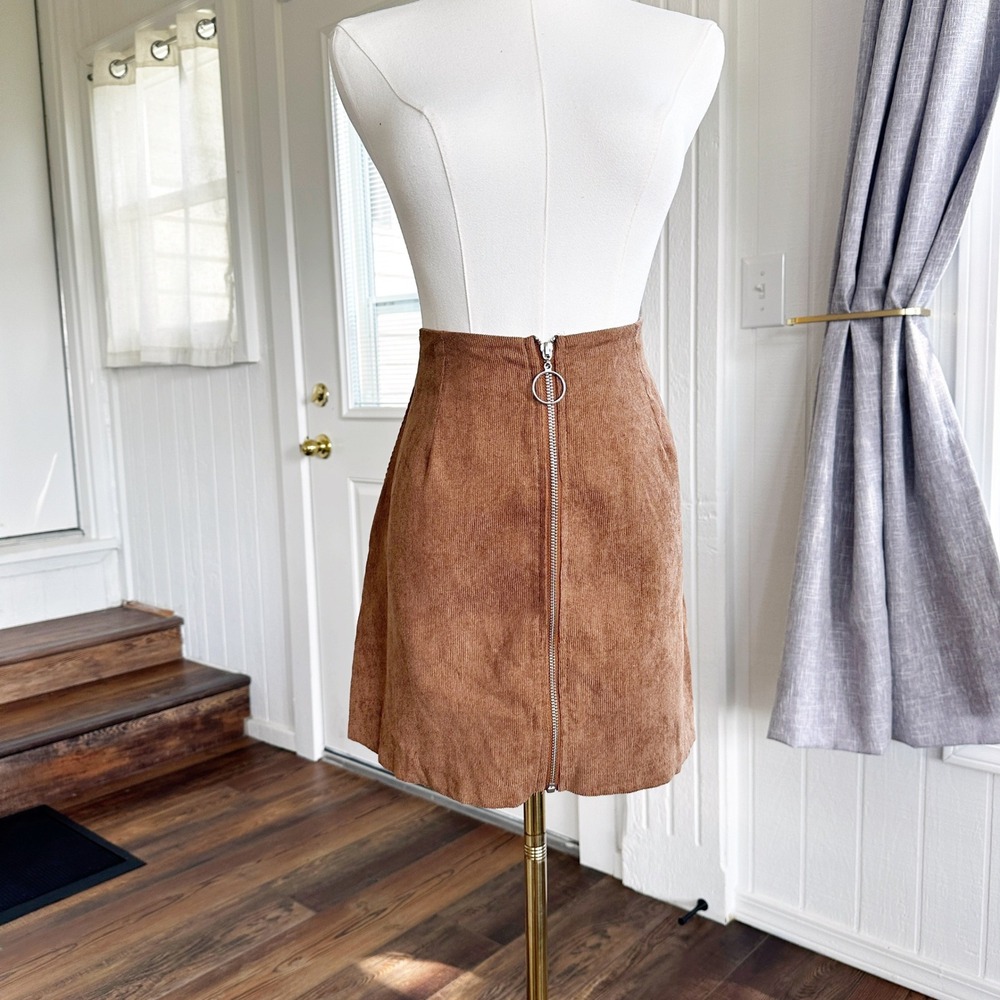 SHEIN Womens Mini Skirt M Brown Corduroy Y2K Full Zip Front O-Ring High Waist